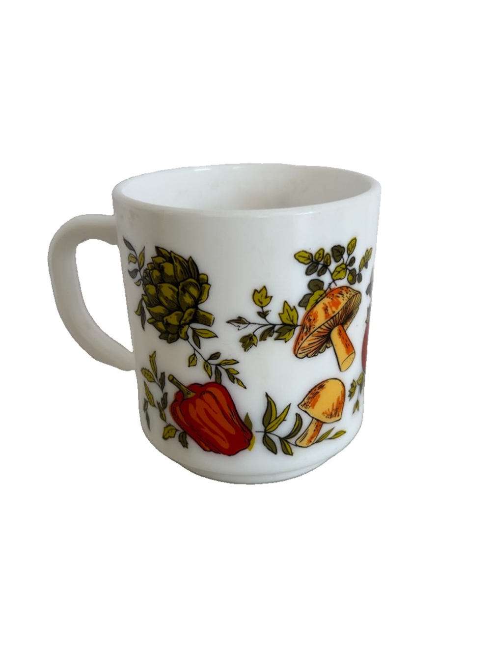 Arcopal France Mushrooms Milk Glass Mug Vegetables Onions Tomato Vintage 8oz Cup